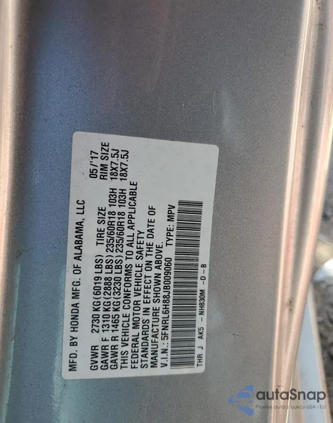 2018 Honda Odyssey Touring from USA, damaged, VIN 5FNRL6H88JB009060